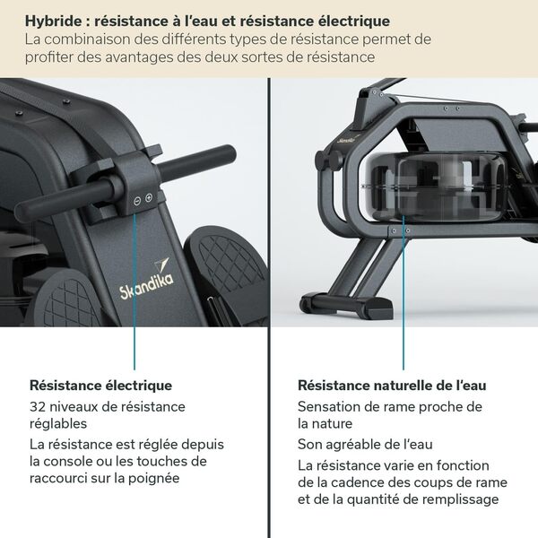 Skandika Rameur Nemo II Hybrid | Résistance à l'eau et électrique, 32 Niveaux de résistance, 15 Prog, Max. 200 cm, Compatible App, Rangement Vertical | Rameur, Appareil de Fitness pour la Maison