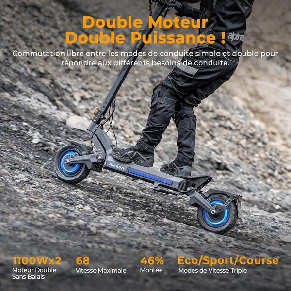 Ausom DT2 Pro Trottinette électrique Dual Motor 1100W*2, Trottinette électrique Pliante 115km Autonomie, Frein hydraulique E-ABS, Trotinette Électrique Adulte Tout Terrain Batterie 23.4Ah, 52V