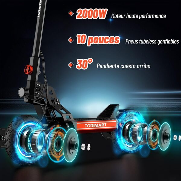 TODIMART Trottinette Electrique Adulte Puissante G2/S9/S13 Autonomie 50-90KM Batterie 48V 10.4Ah/20.8Ah Moteur 500W/1000W/2000W Trotinette Electrique Adulte Tout-Terrain Scooter Electrique Adulte