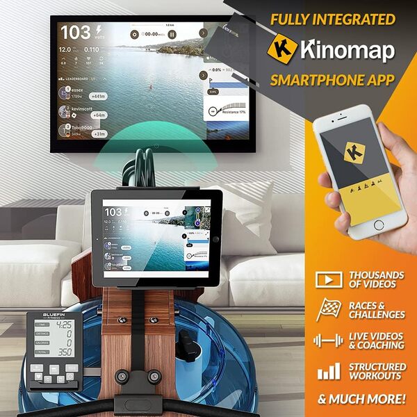 Bluefin Fitness Blade Aqua W-1 | Rameur à Eau électrique | 100% Bois de frêne | Rameur Pliable pour Usage à Domicile | Ecran LCD | Intégration de l'application Kinomap