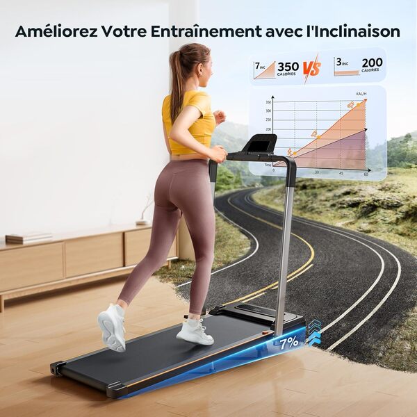 homeTro Tapis de Marche Inclinable 7% - Tapis de Course Pliable 2.5HP, Moteur Silencieux, 12 Modes, Écran LED & Télécommande, Compact Wakling Pad pour Maison/Bureau - Idéal Running/Fitness