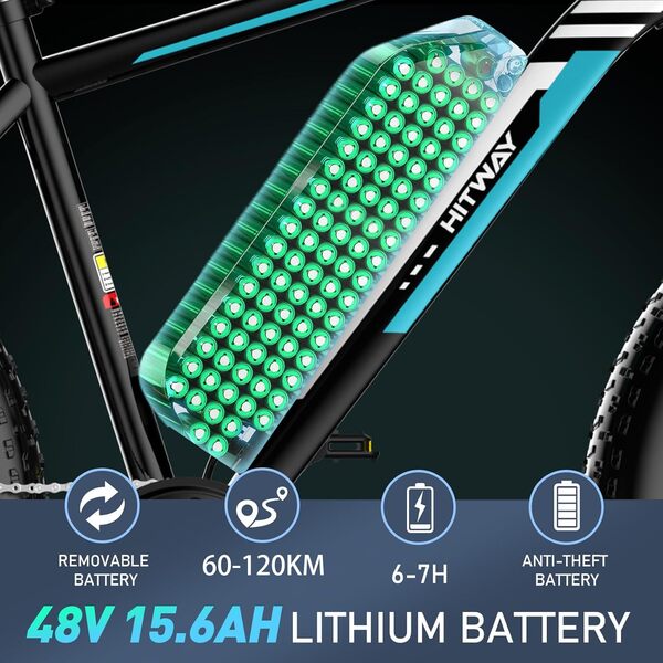 HITWAY Vélo Électrique, 26 * 3.0/4.0 Pouces VTT Électrique avec Batterie au Lithium Amovible 48V15Ah, Ville E-Bike avec 7 Vitesses, Moteur 250Wh, Autonomie 45-80km pour Adulte