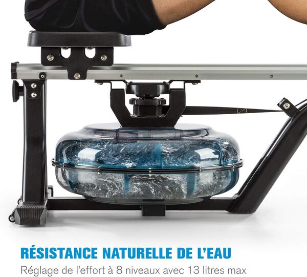 CAPITAL SPORTS Flow - Rameur à Eau, Waterrower, Résistance à l'eau, Ordinateur d'entraînement avec écran LCD, Support pour Tablette, Aluminium et Acier