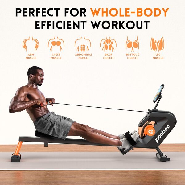 pooboo Rameur magnétique de 158,8 kg maximum avec écran LCD, support de tablette, rameurs améliorés pour un usage domestique
