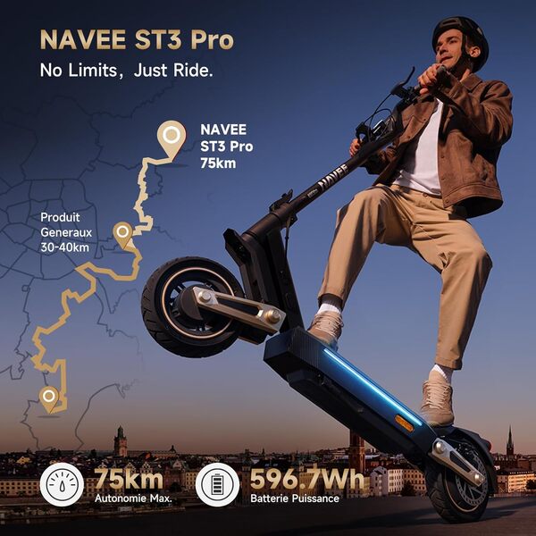 NAVEE Trottinette Electrique Adulte ST3 Series,Scooter Électrique Pliable Tout Terrain,25km/h Autonomie 75km,Moteur Batterie 596Wh,Bras Suspension,Freins,Pneus10 Auto Obturants,Contrôle APP
