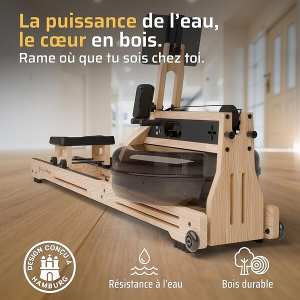 SportPlus Rameur d'eau pour la Maison en Bois Massif Naturel FSC® (chêne), rameur en Bois avec Ordinateur d'entraînement, rameur avec Support de Tablette pour entraînement d'endurance, Machine de