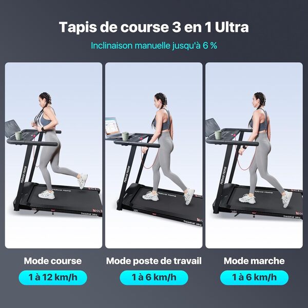 Mobvoi Tapis de Course Ultra 3 en 1 avec Inclinaison de 6% pour la Maison, Le Bureau, 2,5 CV, Support pour Tasse, téléphone, Ordinateur Portable, Grande Surface de Course km/h, 120 kg