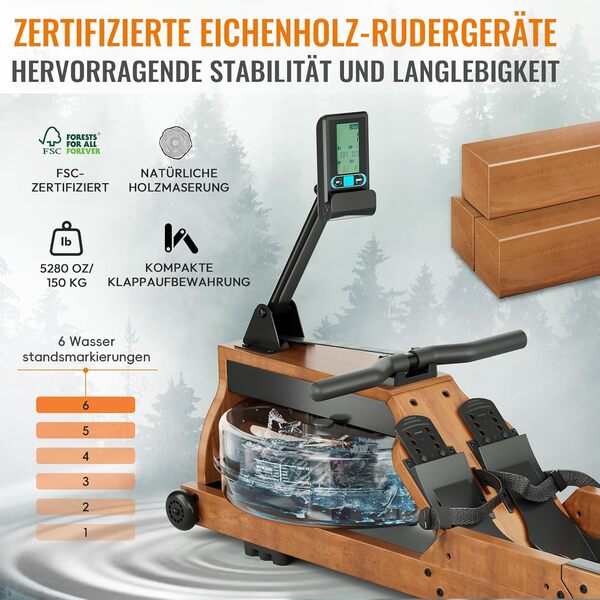 Rameur à Eau en Bois Pliable, Rameur d'Appartement avec APP Exclusive, Moniteur Bluetooth Professionnel et Support Tablette, Capacité Max 150 kg, Expérience d'Aviron Immersive