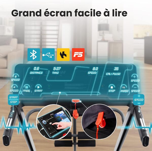 HOP-Sport® Tapis de Course Pliable HS-1200LB Soul, Vitesse 0.8-14 km/h, Tapis Roulant Inclinable 2en1 pour la Maison avec Appareil de Massage, Écran LCD, Contrôle par Application, 15 Programmes