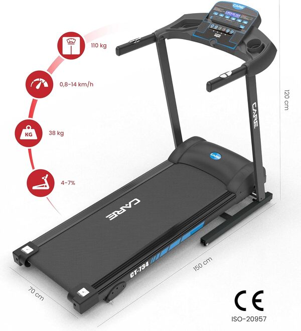 Care Fitness - Tapis de Course connecté -Pliable-Vitesse maximale 14 Km/h- Tapis de Marche Électrique Inclinable et Pliable - 12 programmes d’entraînements -3 inclinaisons
