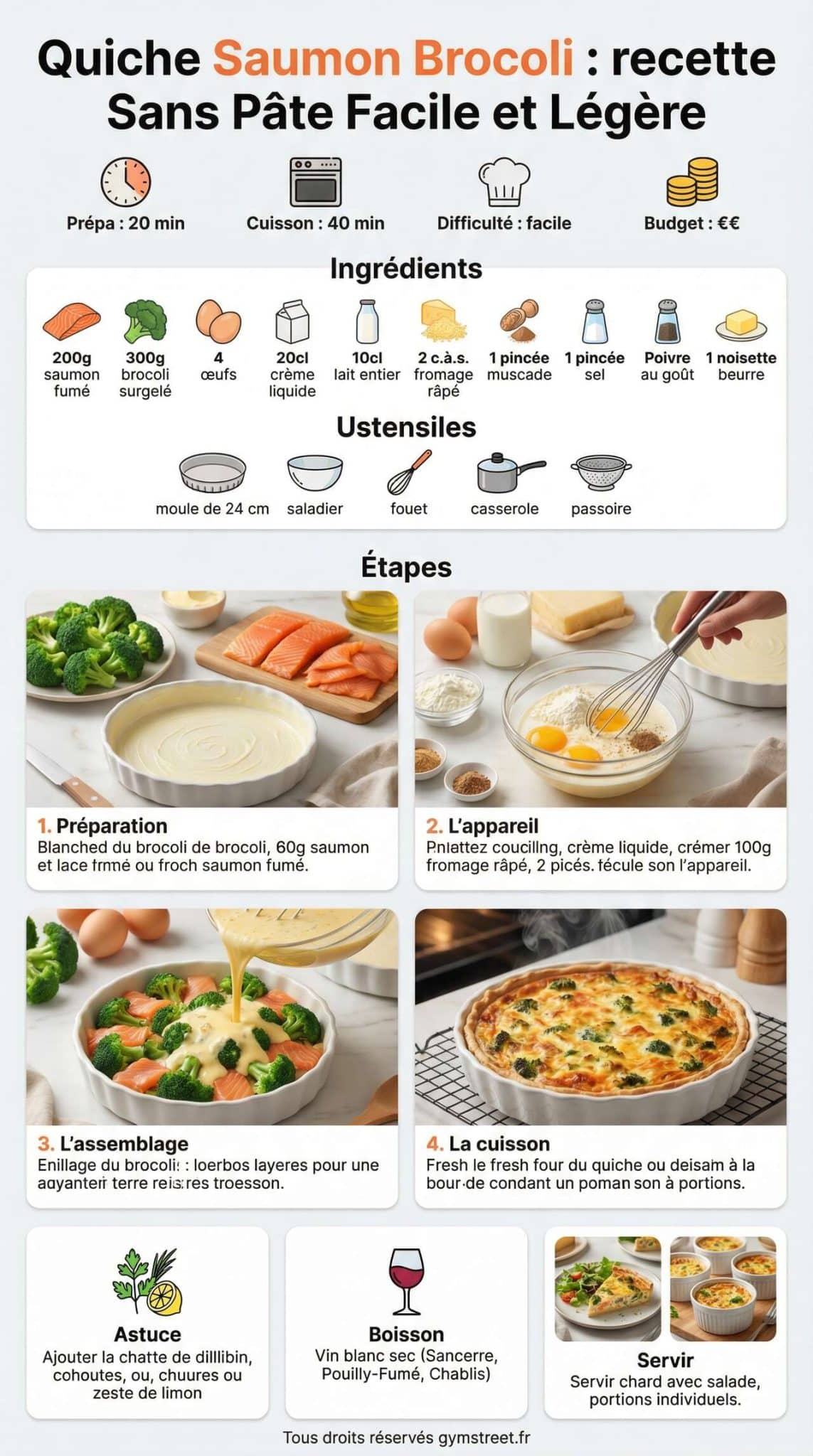 Fiche recette Quiche Saumon Brocoli : recette Sans P&acirc;te Facile et L&eacute;g&egrave;re